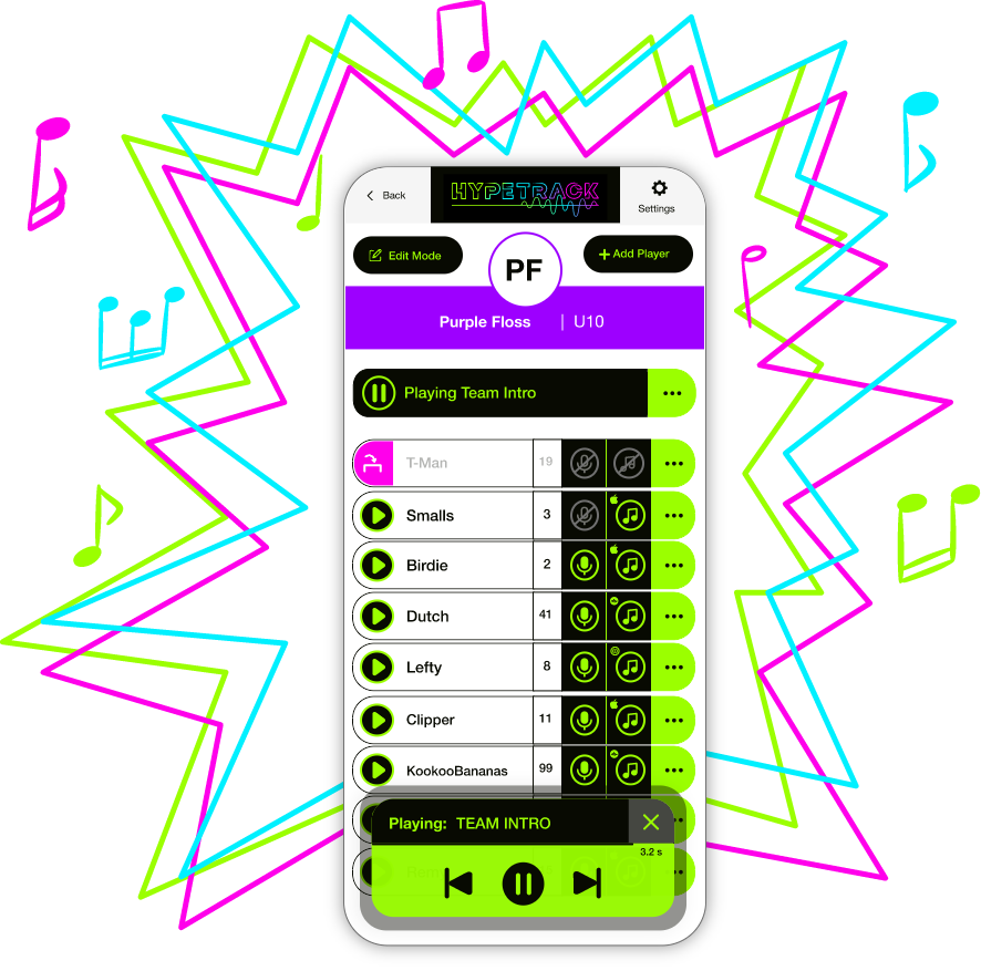 HypeTrack app playing the team intro with vibrant shapes and notes around it